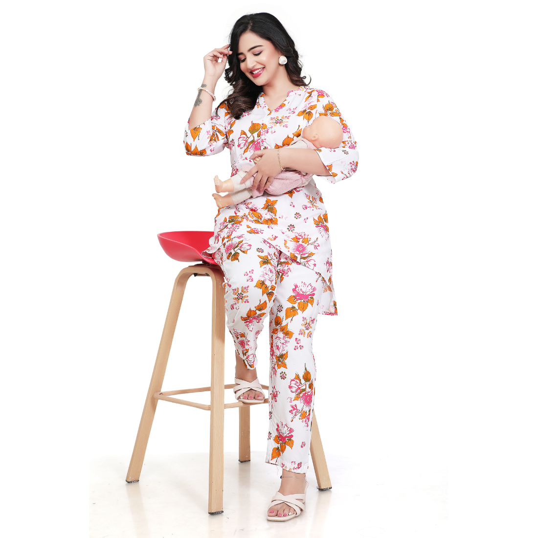 Women's White Pink Floral Printed Maternity Feeding Co-Ord Set | Concealed Zip Nursing Kurta & Straight Pant Set | Comfortable Pregnancy Wear