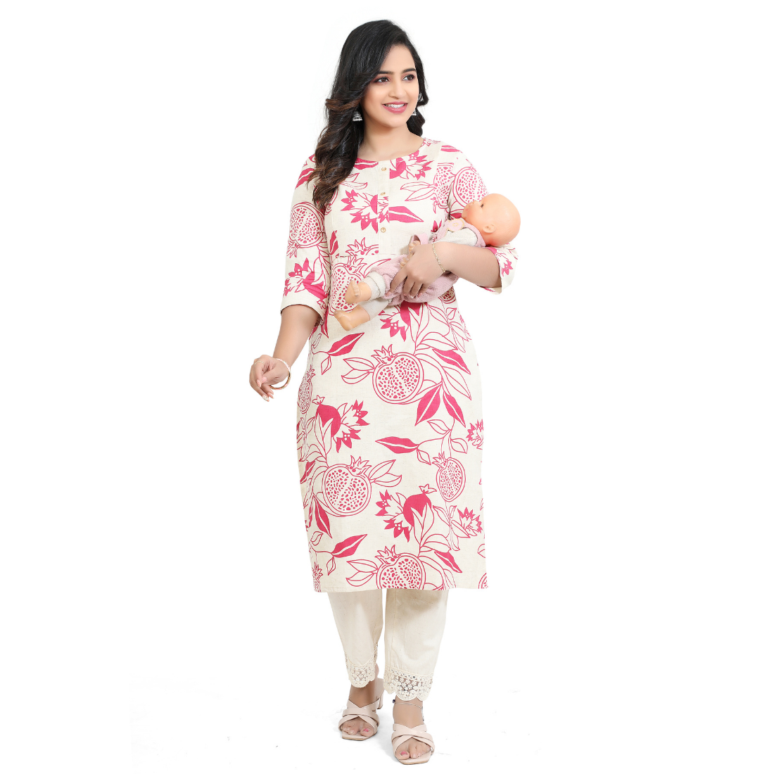 D2D Fashion Women's White & Pink Floral Maternity Feeding Kurti | Soft Rayon Nursing Kurta with Concealed Side Zippers | Pregnancy & Breastfeeding Wear