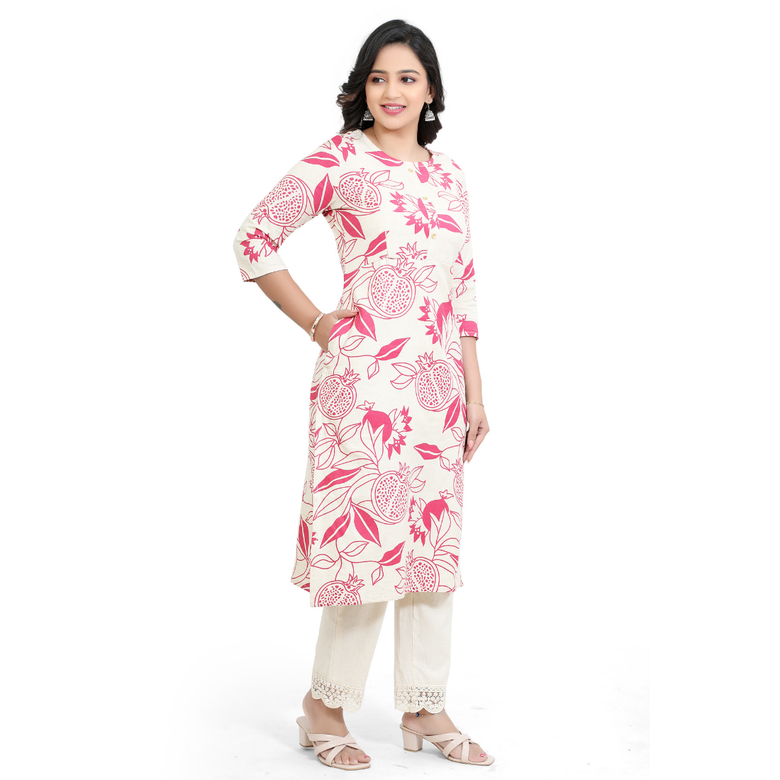 D2D Fashion Women's White & Pink Floral Maternity Feeding Kurti | Soft Rayon Nursing Kurta with Concealed Side Zippers | Pregnancy & Breastfeeding Wear