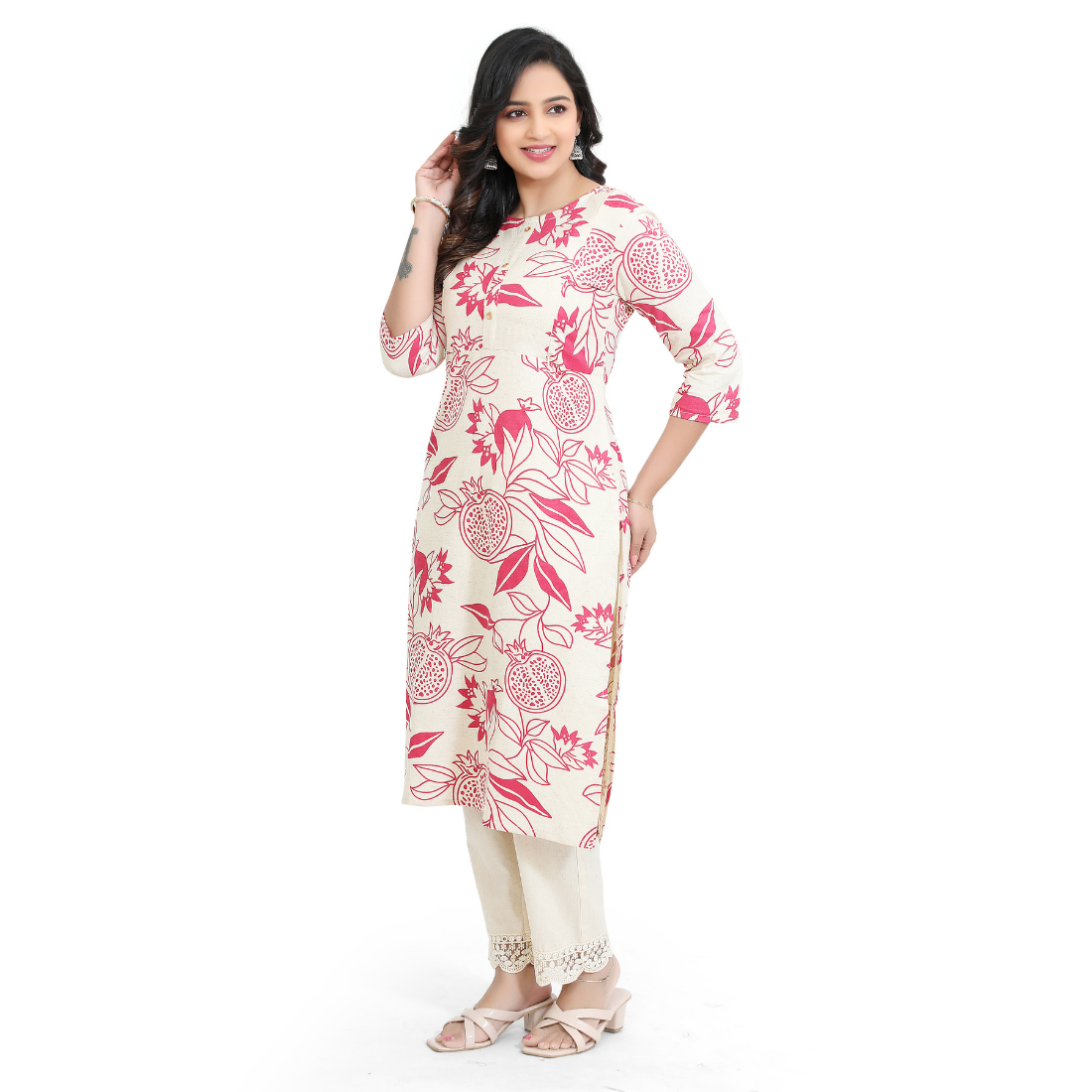 D2D Fashion Women's White & Pink Floral Maternity Feeding Kurti | Soft Rayon Nursing Kurta with Concealed Side Zippers | Pregnancy & Breastfeeding Wear