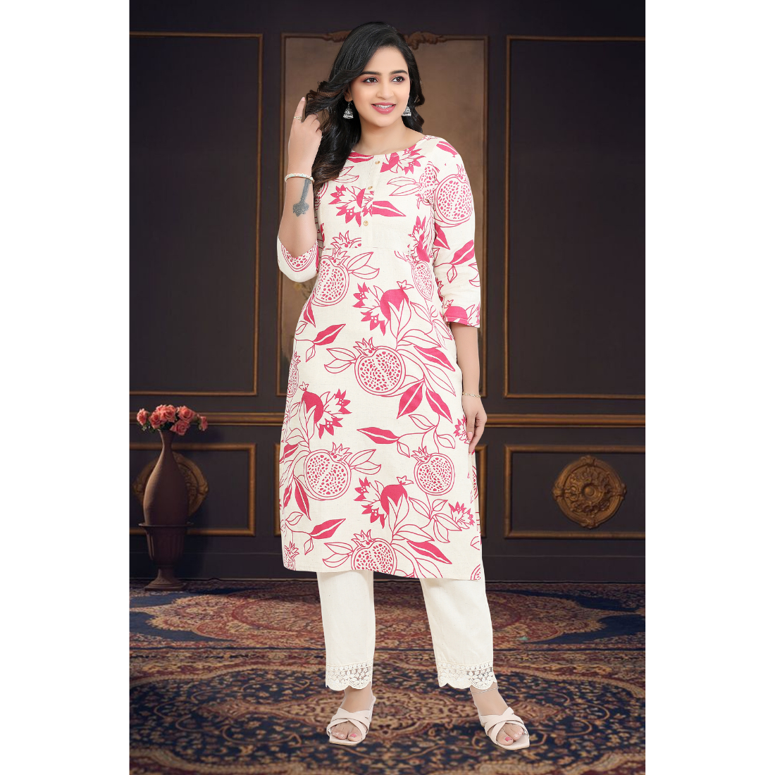 D2D Fashion Women's White & Pink Floral Maternity Feeding Kurti | Soft Rayon Nursing Kurta with Concealed Side Zippers | Pregnancy & Breastfeeding Wear