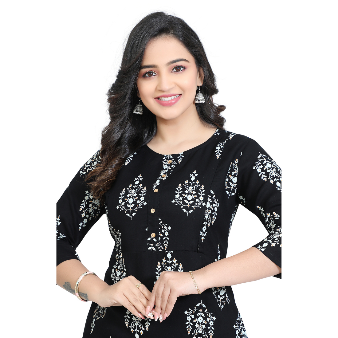 D2D Fashion Women's Black Floral Maternity Feeding Kurti | Soft Rayon Nursing Kurta with Concealed Side Zippers | Pregnancy & Breastfeeding Wear