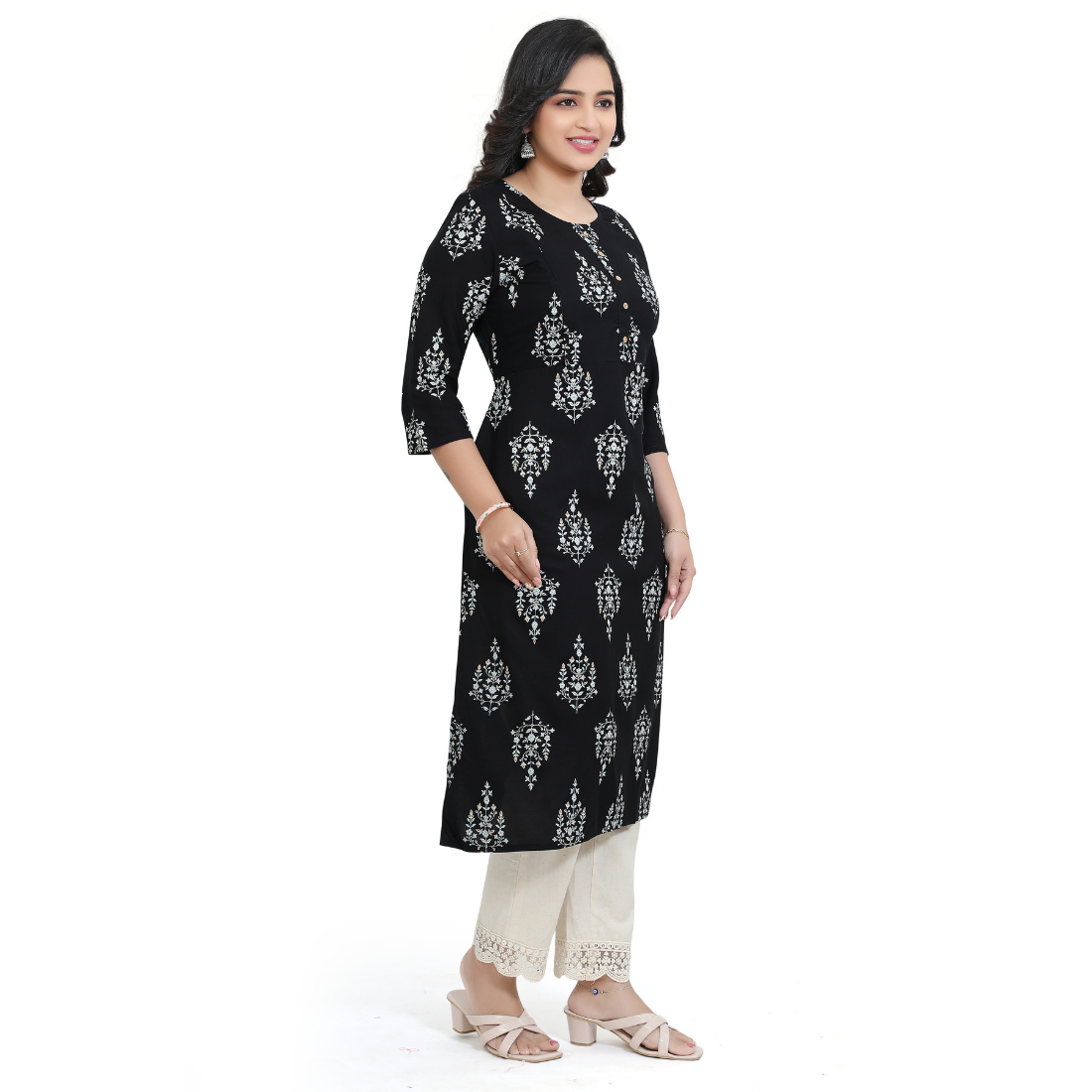 D2D Fashion Women's Black Floral Maternity Feeding Kurti | Soft Rayon Nursing Kurta with Concealed Side Zippers | Pregnancy & Breastfeeding Wear