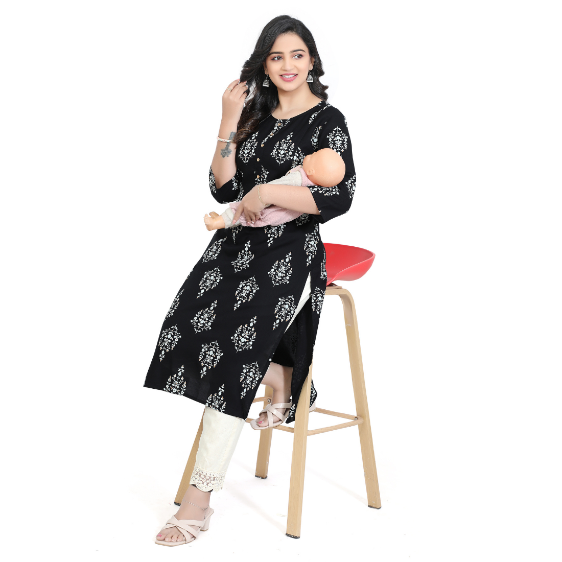 D2D Fashion Women's Black Floral Maternity Feeding Kurti | Soft Rayon Nursing Kurta with Concealed Side Zippers | Pregnancy & Breastfeeding Wear