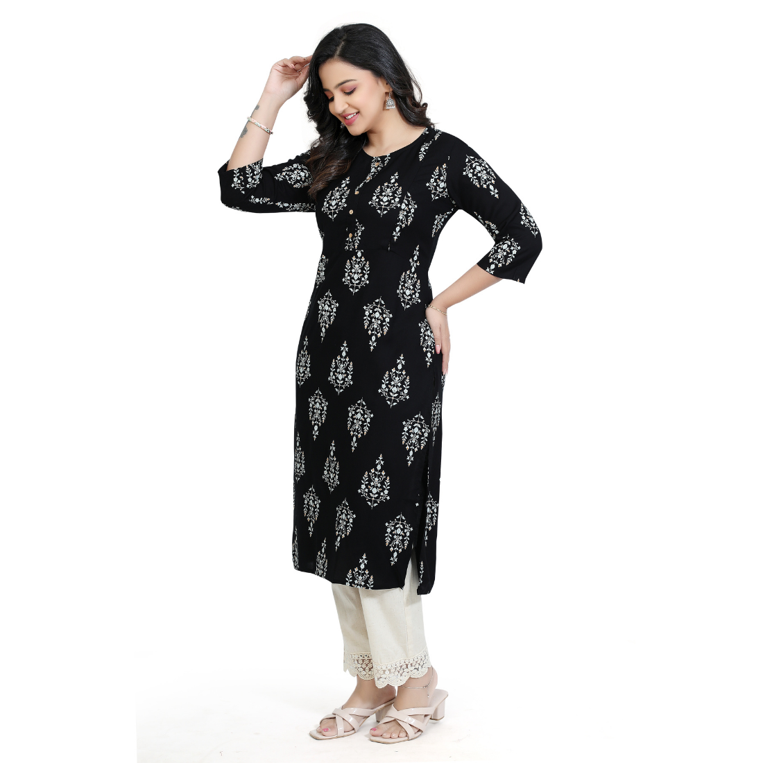D2D Fashion Women's Black Floral Maternity Feeding Kurti | Soft Rayon Nursing Kurta with Concealed Side Zippers | Pregnancy & Breastfeeding Wear