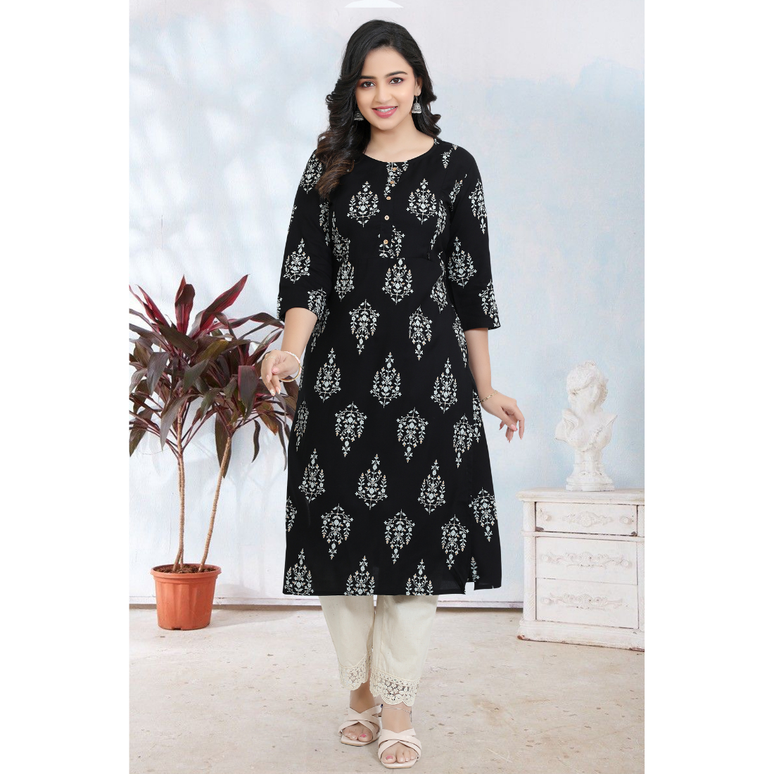 D2D Fashion Women's Black Floral Maternity Feeding Kurti | Soft Rayon Nursing Kurta with Concealed Side Zippers | Pregnancy & Breastfeeding Wear