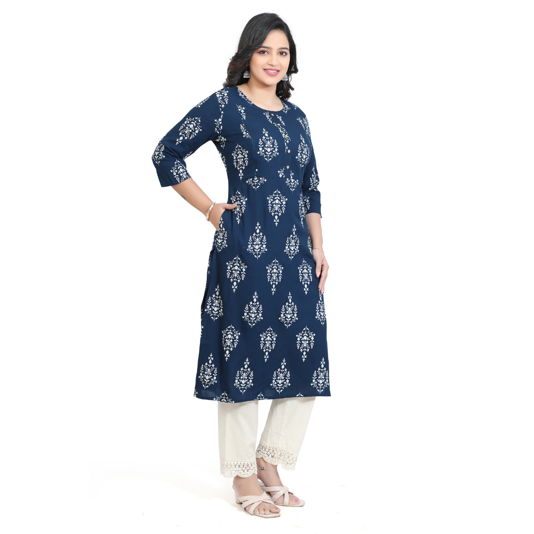 D2D Fashion Women's Navy Blue Floral Maternity Feeding Kurti | Soft Rayon Nursing Kurta with Concealed Side Zippers | Pregnancy & Breastfeeding Wear