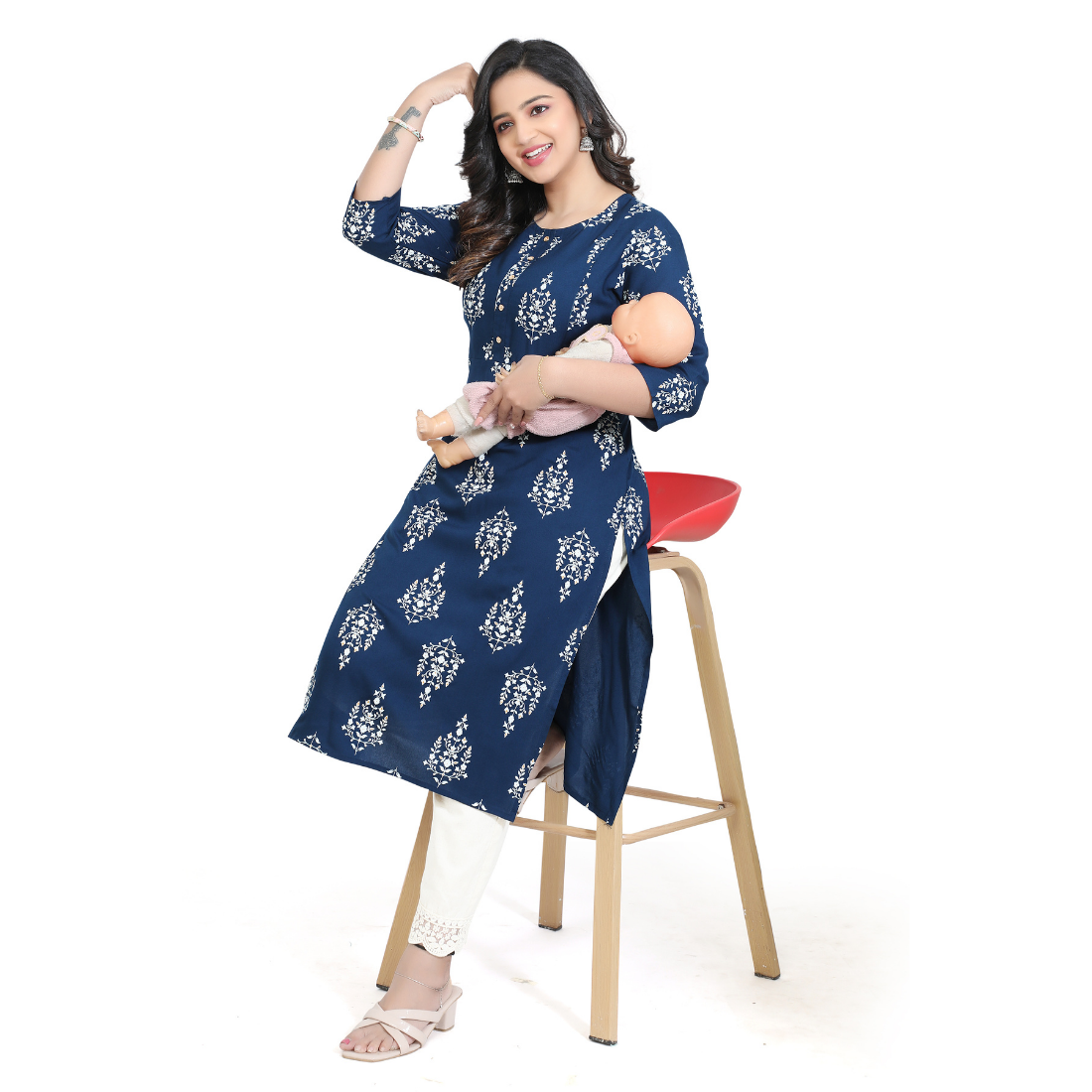 D2D Fashion Women's Navy Blue Floral Maternity Feeding Kurti | Soft Rayon Nursing Kurta with Concealed Side Zippers | Pregnancy & Breastfeeding Wear