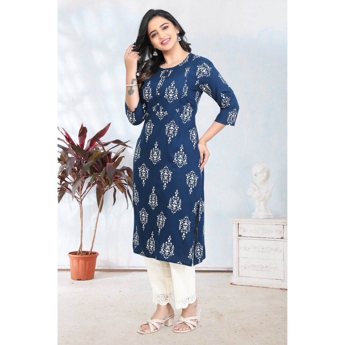 D2D Fashion Women's Navy Blue Floral Maternity Feeding Kurti | Soft Rayon Nursing Kurta with Concealed Side Zippers | Pregnancy & Breastfeeding Wear