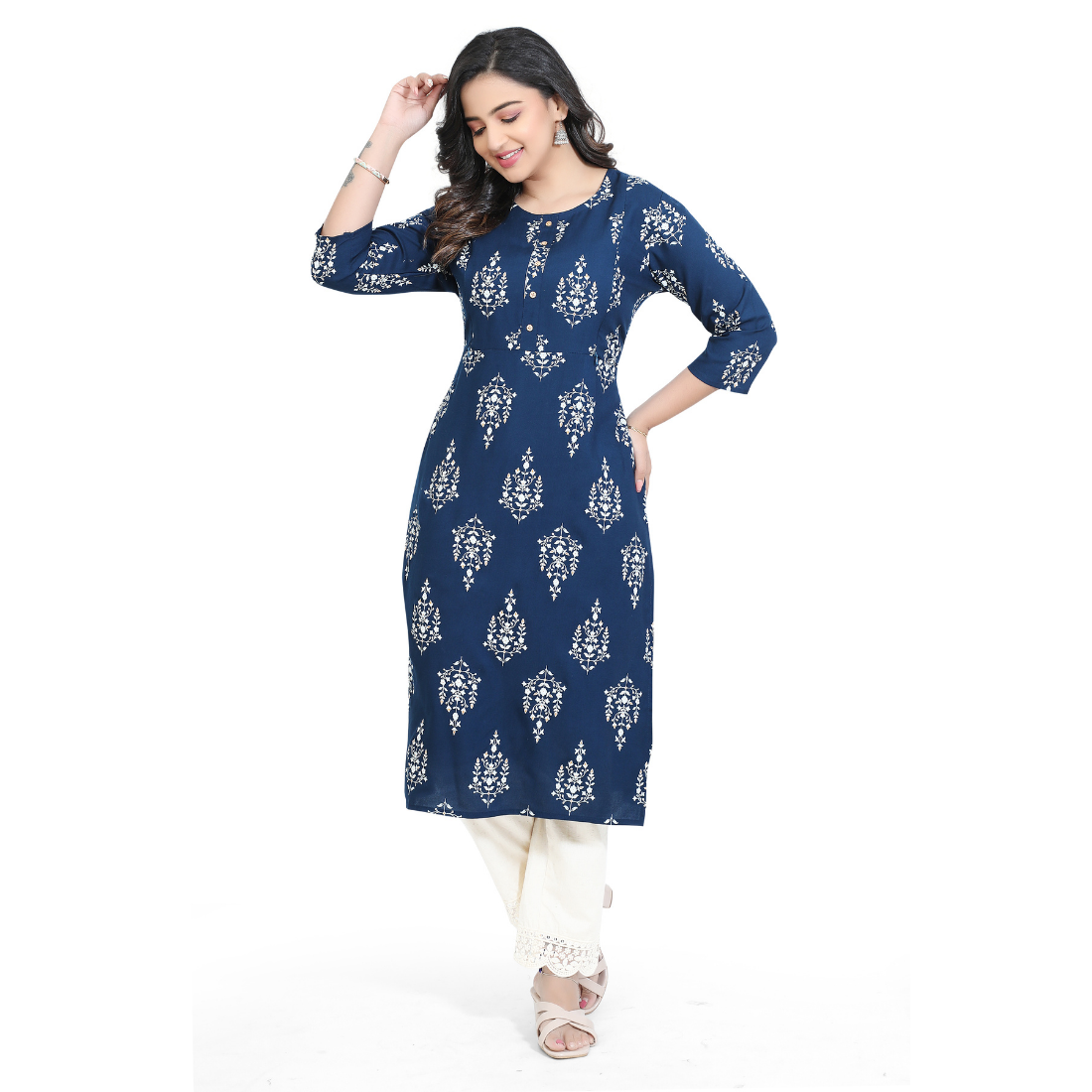 D2D Fashion Women's Navy Blue Floral Maternity Feeding Kurti | Soft Rayon Nursing Kurta with Concealed Side Zippers | Pregnancy & Breastfeeding Wear