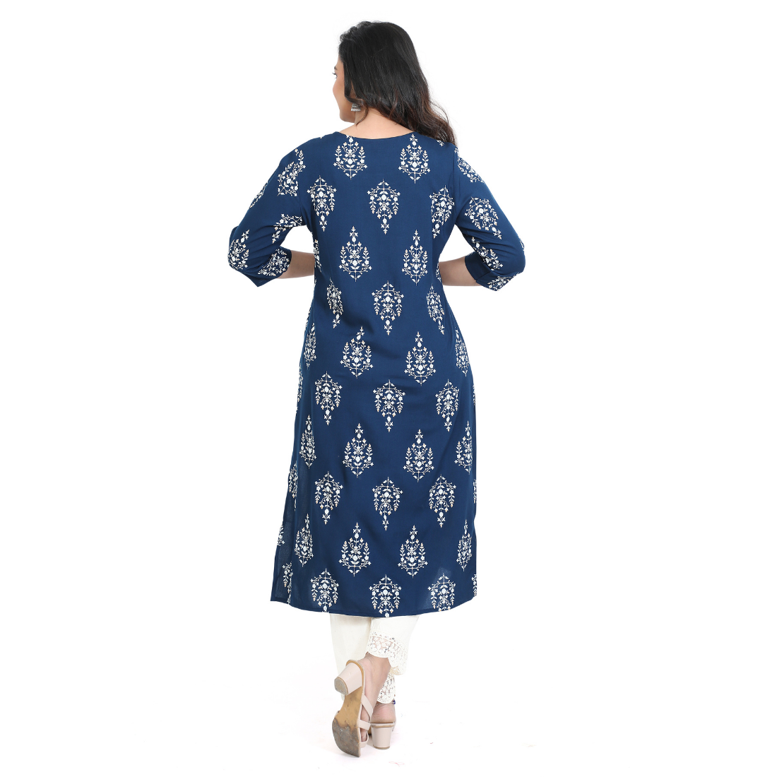 D2D Fashion Women's Navy Blue Floral Maternity Feeding Kurti | Soft Rayon Nursing Kurta with Concealed Side Zippers | Pregnancy & Breastfeeding Wear