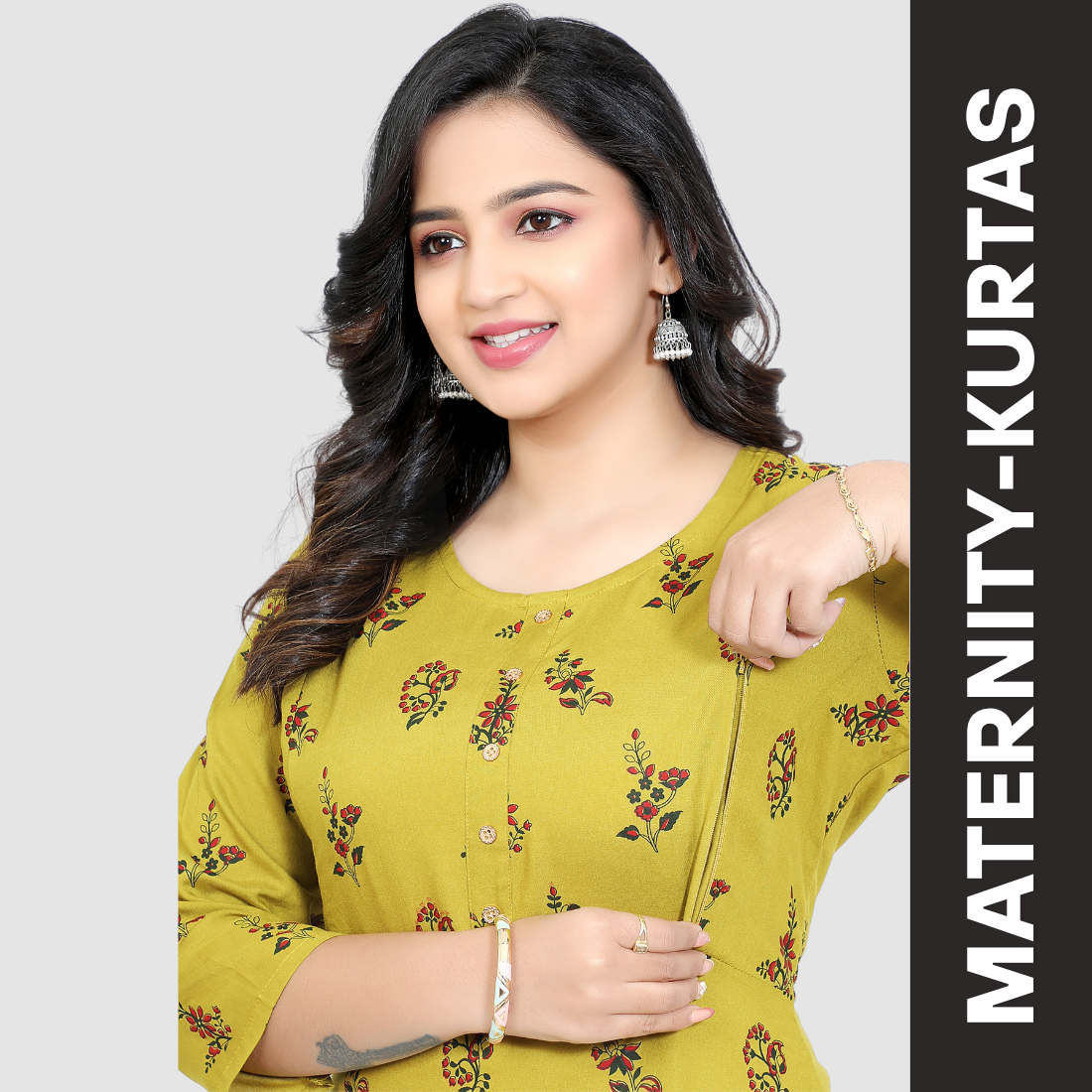 D2D Fashion Women's Mustard Yellow Floral Maternity Feeding Kurti | Soft Rayon Nursing Kurta with Concealed Side Zippers | Pregnancy & Breastfeeding Wear
