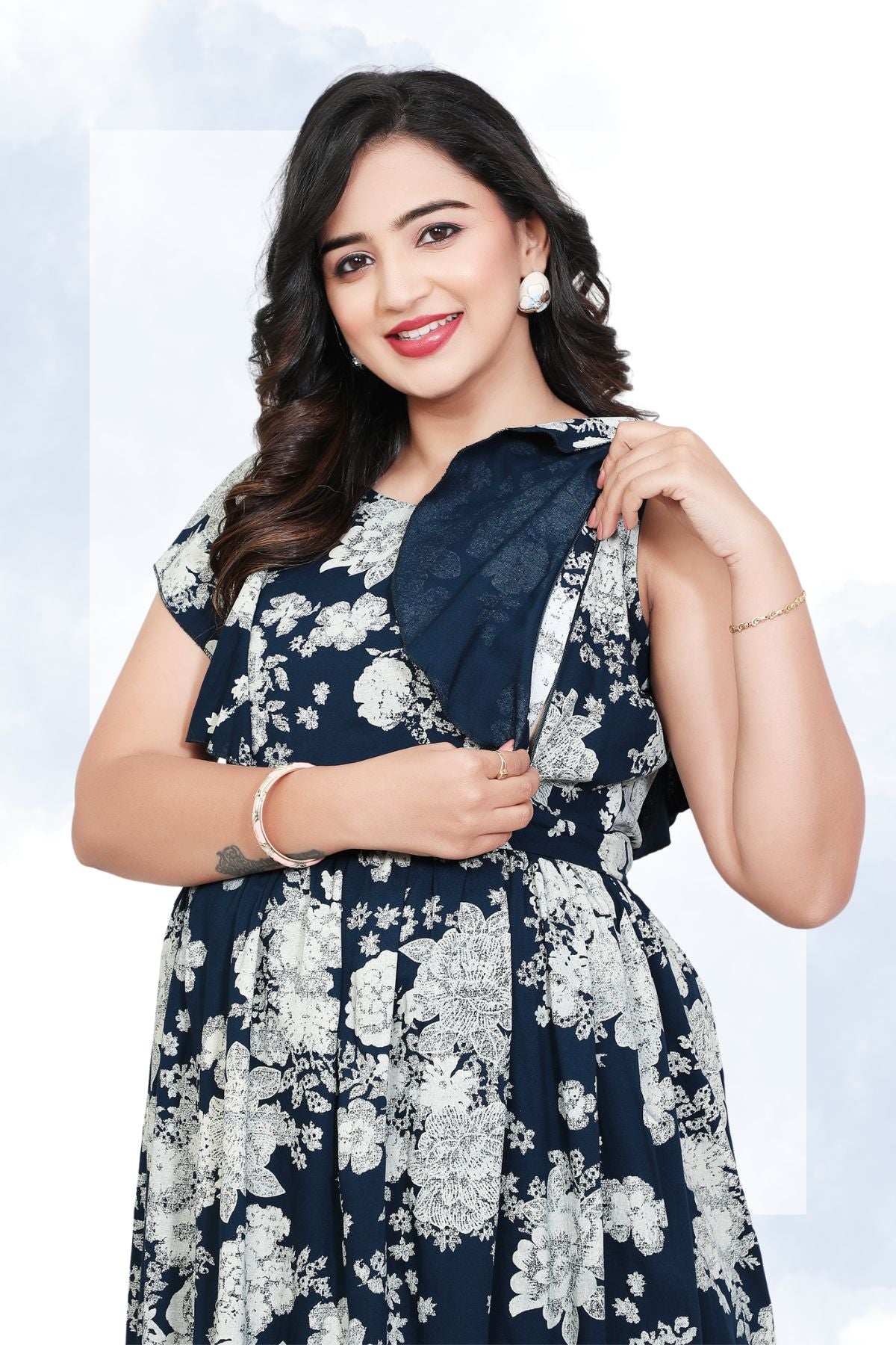 D2D Midnight T-Blue Maternity Feeding Dress – Navy Blue Floral Nursing Gown