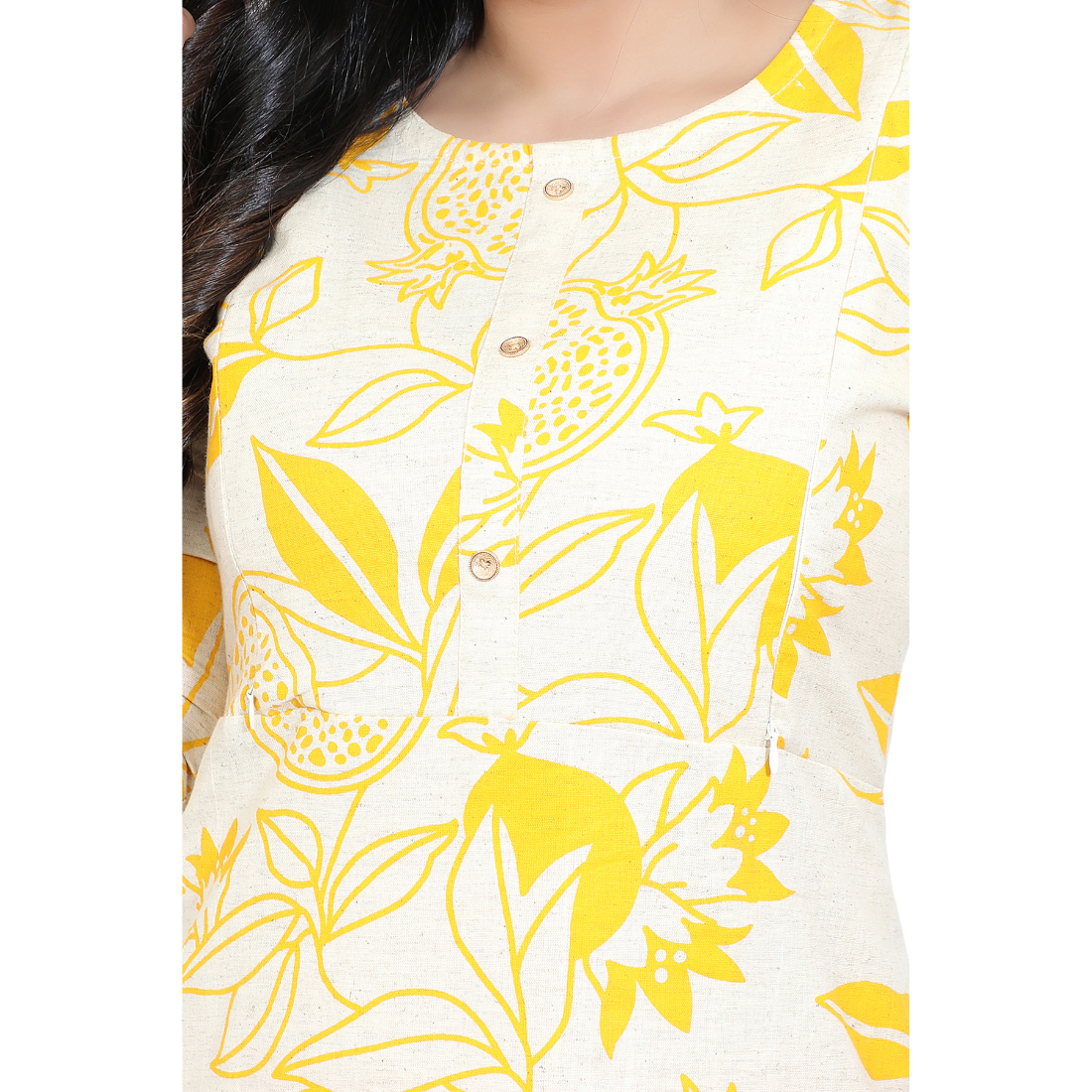 D2D Fashion Women's White & Yellow Floral Maternity Feeding Kurti | Soft Rayon Nursing Kurta with Concealed Side Zippers | Pregnancy & Breastfeeding Wear