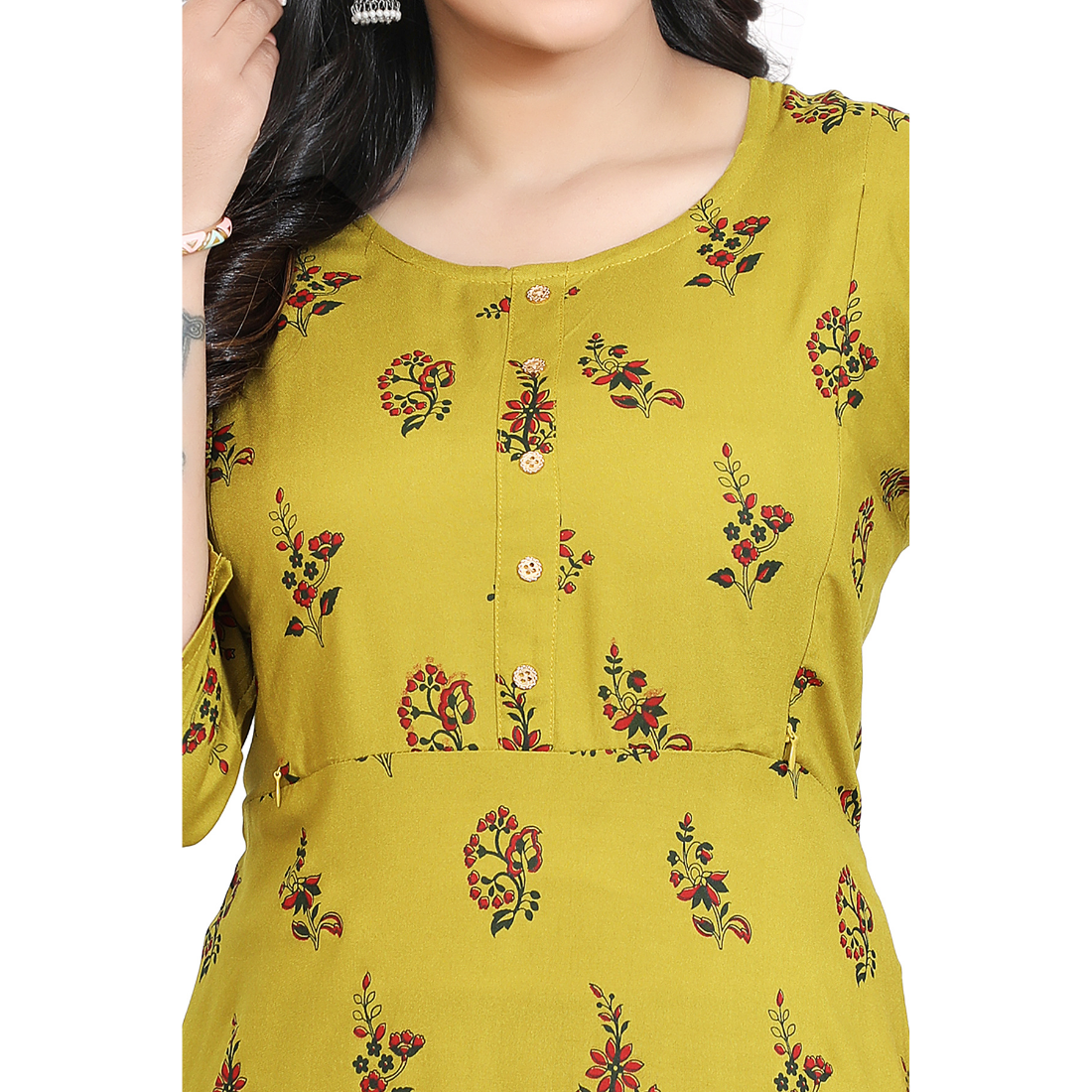 D2D Fashion Women's Mustard Yellow Floral Maternity Feeding Kurti | Soft Rayon Nursing Kurta with Concealed Side Zippers | Pregnancy & Breastfeeding Wear