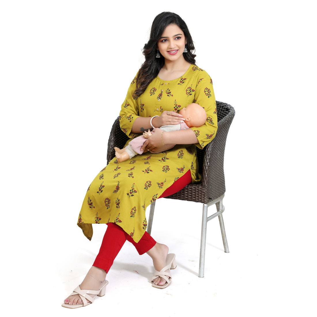 D2D Fashion Women's Mustard Yellow Floral Maternity Feeding Kurti | Soft Rayon Nursing Kurta with Concealed Side Zippers | Pregnancy & Breastfeeding Wear