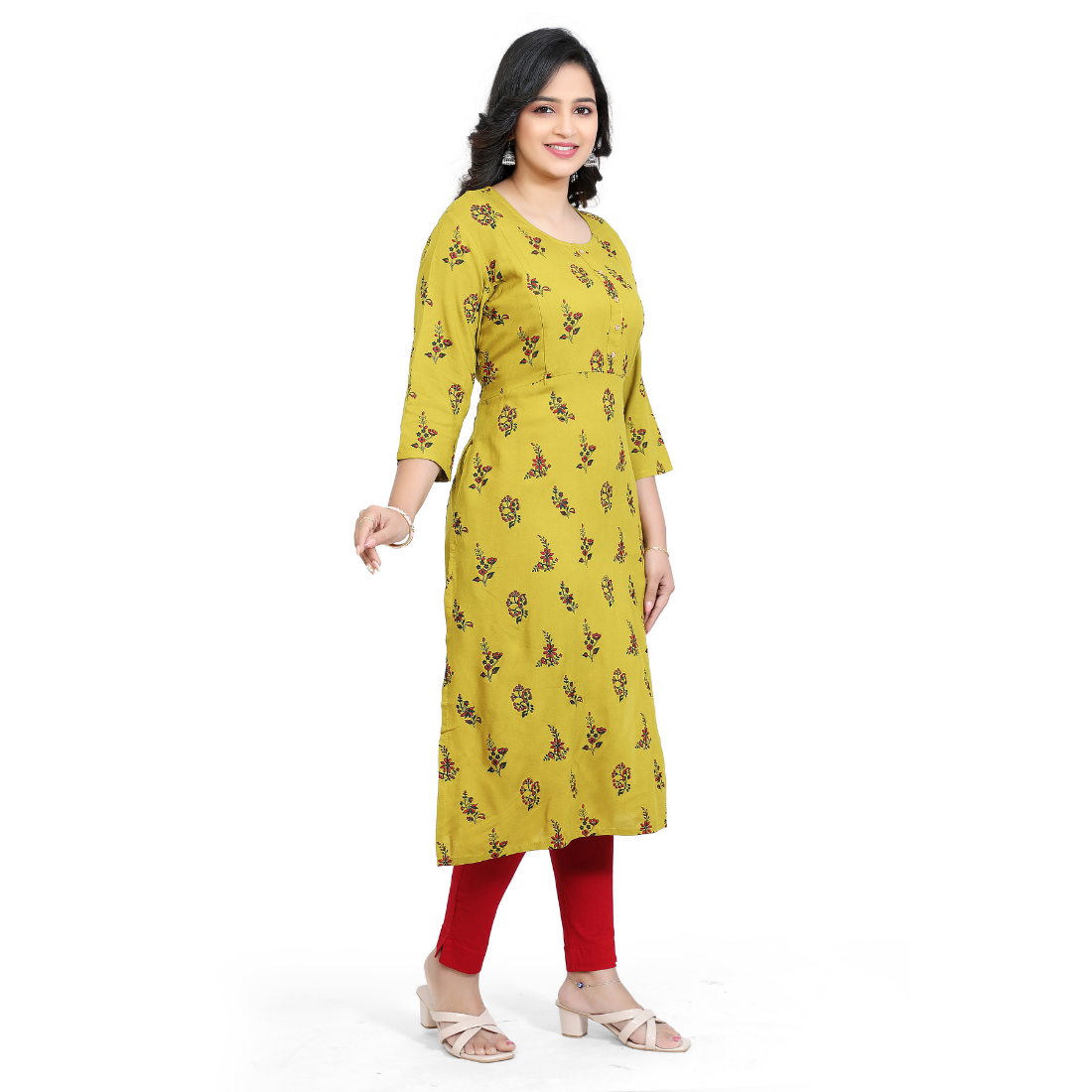 D2D Fashion Women's Mustard Yellow Floral Maternity Feeding Kurti | Soft Rayon Nursing Kurta with Concealed Side Zippers | Pregnancy & Breastfeeding Wear