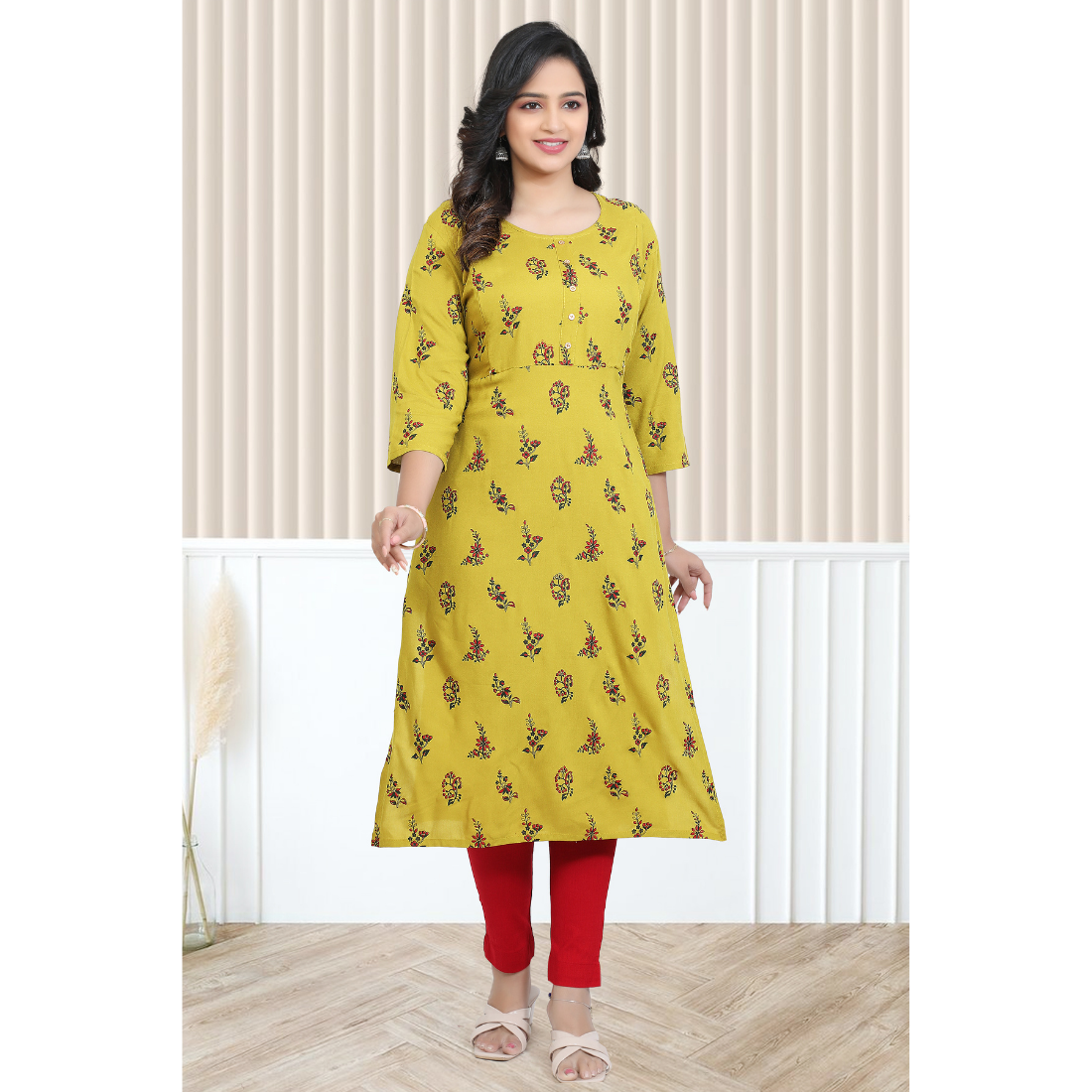 D2D Fashion Women's Mustard Yellow Floral Maternity Feeding Kurti | Soft Rayon Nursing Kurta with Concealed Side Zippers | Pregnancy & Breastfeeding Wear