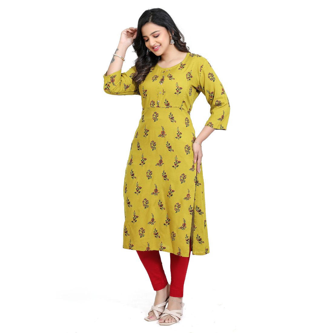 D2D Fashion Women's Mustard Yellow Floral Maternity Feeding Kurti | Soft Rayon Nursing Kurta with Concealed Side Zippers | Pregnancy & Breastfeeding Wear