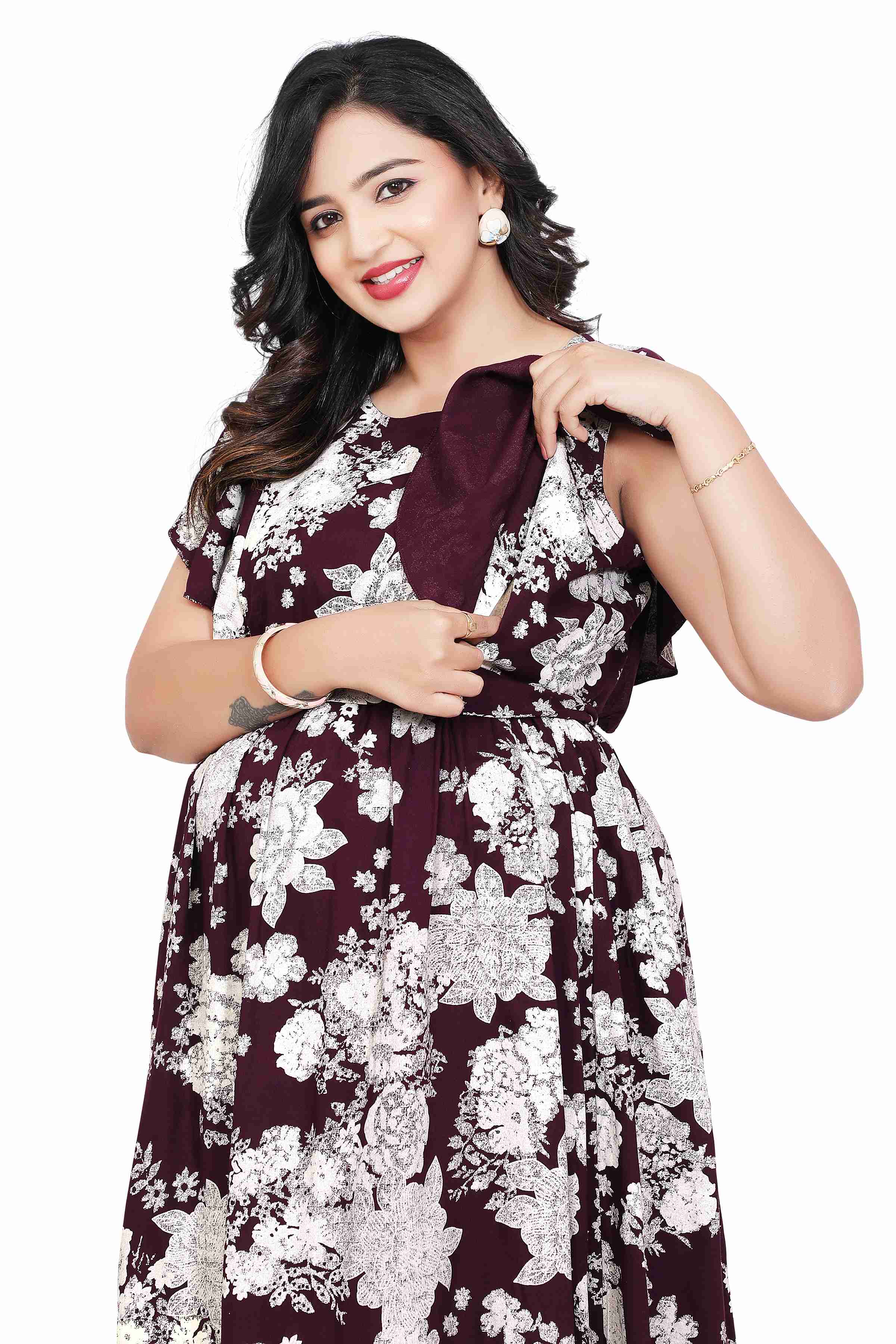 D2D Wine Bloom Nursing & Maternity Dress