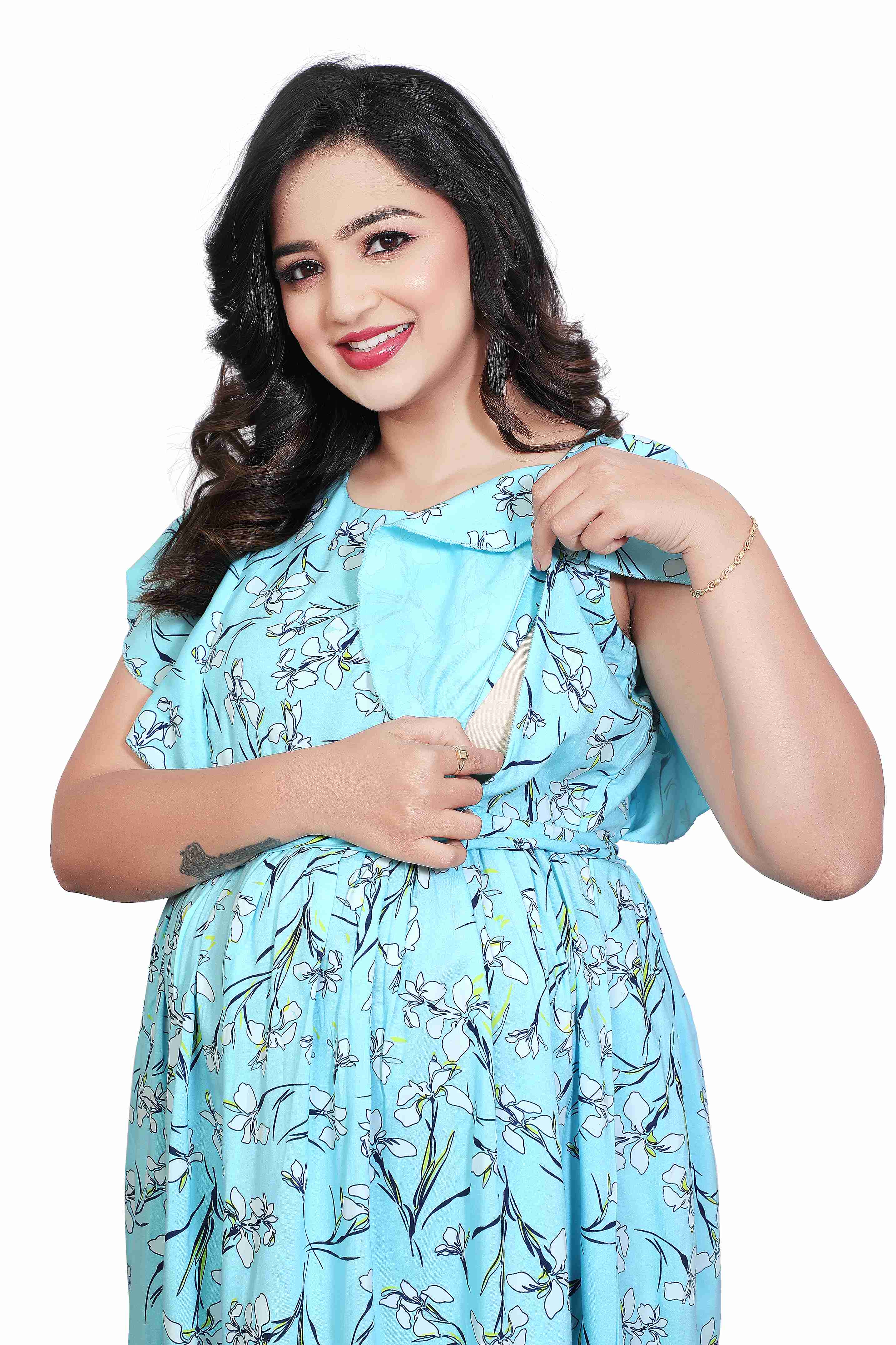 D2D Sky-Blue Maternity Feeding Dress – Blue Floral Nursing Gown