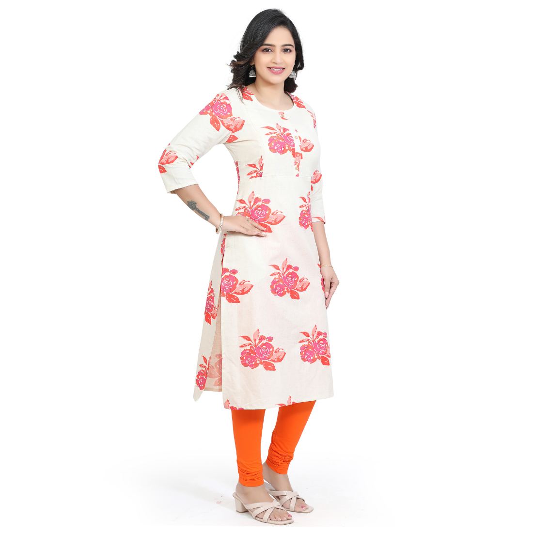 D2D Fashion Women's White Floral Maternity Feeding Kurti | Soft Rayon Nursing Kurta with Concealed Side Zippers | Pregnancy & Breastfeeding Wear