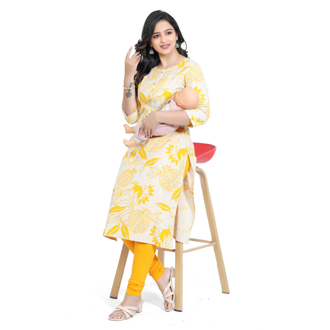 D2D Fashion Women's White & Yellow Floral Maternity Feeding Kurti | Soft Rayon Nursing Kurta with Concealed Side Zippers | Pregnancy & Breastfeeding Wear