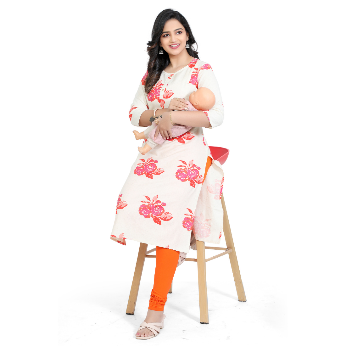 D2D Fashion Women's White Floral Maternity Feeding Kurti | Soft Rayon Nursing Kurta with Concealed Side Zippers | Pregnancy & Breastfeeding Wear