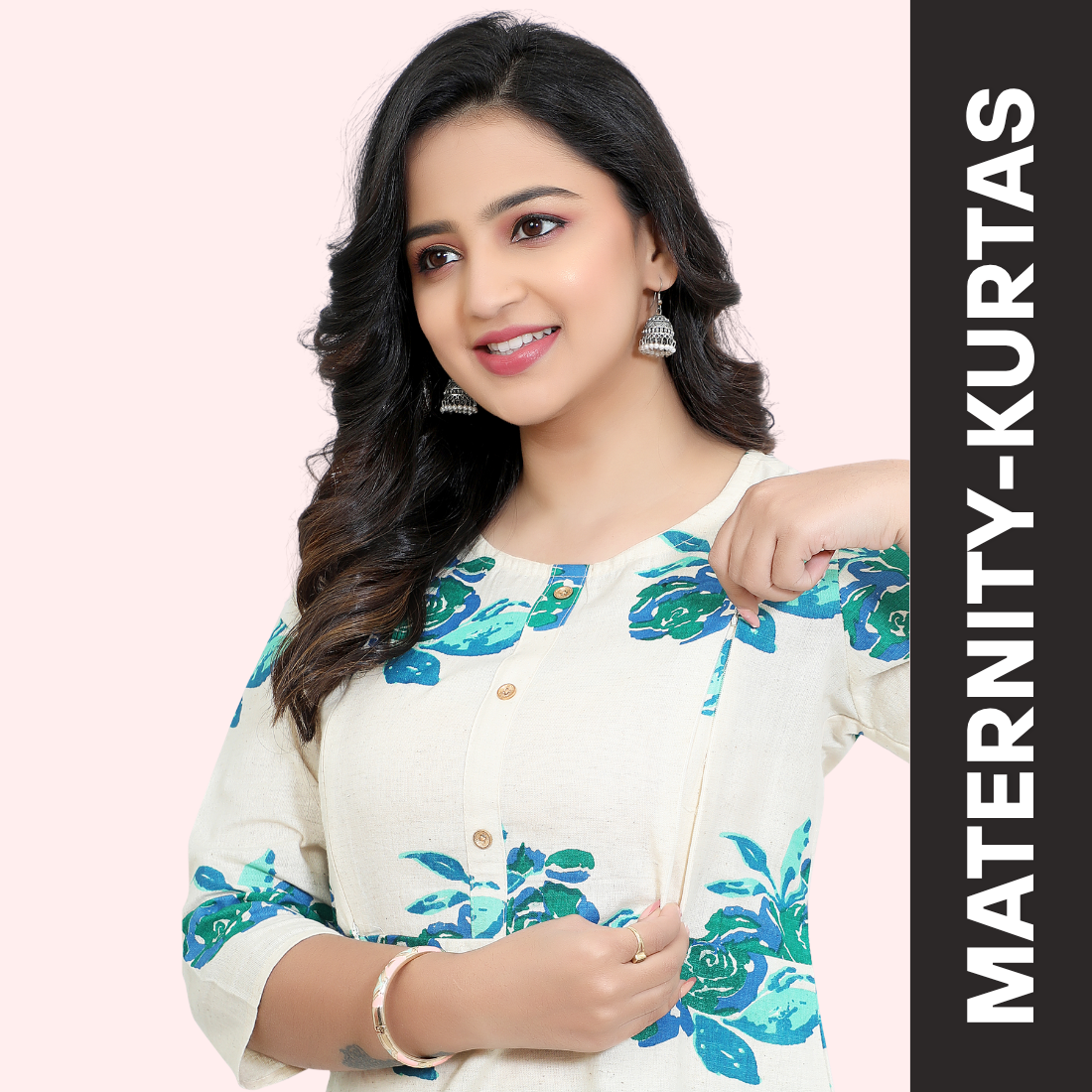 D2D Fashion Women's White & Teal Floral Maternity Feeding Kurti | Soft Rayon Nursing Kurta with Concealed Side Zippers | Pregnancy & Breastfeeding Wear