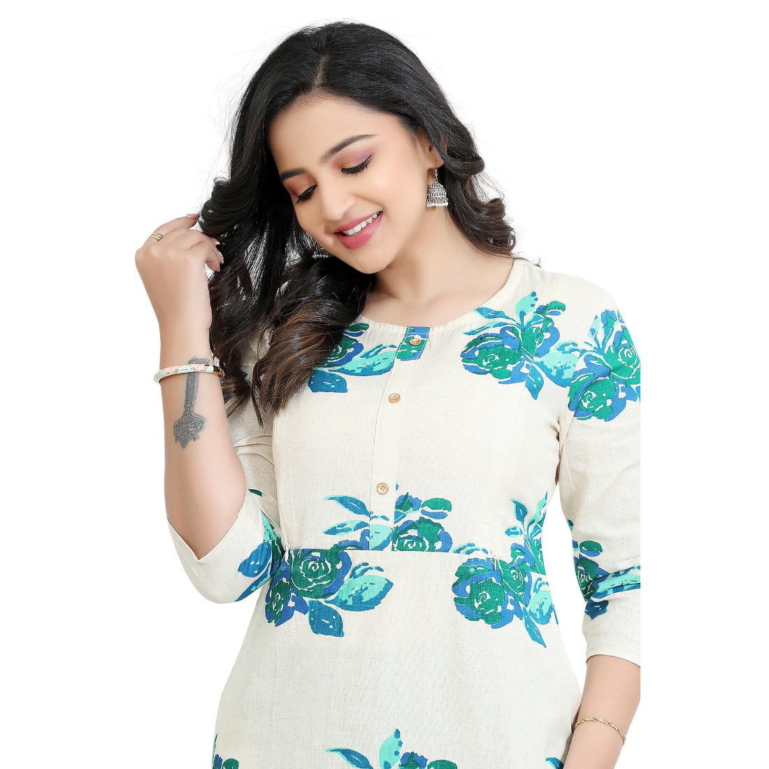 D2D Fashion Women's White & Teal Floral Maternity Feeding Kurti | Soft Rayon Nursing Kurta with Concealed Side Zippers | Pregnancy & Breastfeeding Wear