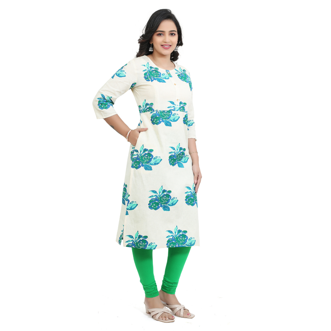 D2D Fashion Women's White & Teal Floral Maternity Feeding Kurti | Soft Rayon Nursing Kurta with Concealed Side Zippers | Pregnancy & Breastfeeding Wear