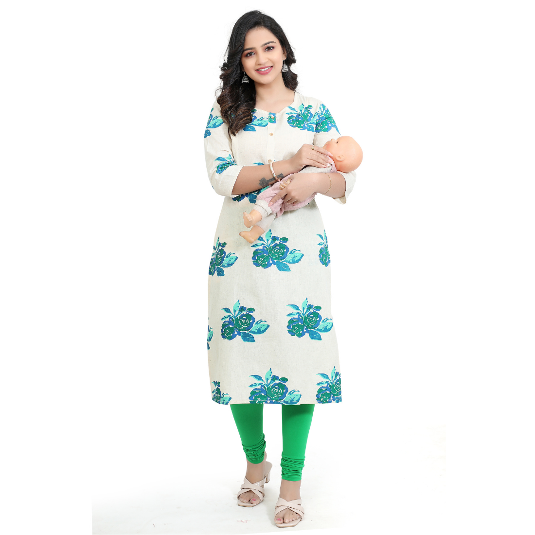 D2D Fashion Women's White & Teal Floral Maternity Feeding Kurti | Soft Rayon Nursing Kurta with Concealed Side Zippers | Pregnancy & Breastfeeding Wear