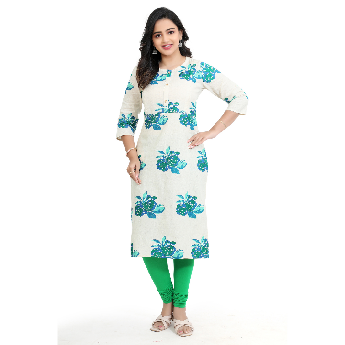 D2D Fashion Women's White & Teal Floral Maternity Feeding Kurti | Soft Rayon Nursing Kurta with Concealed Side Zippers | Pregnancy & Breastfeeding Wear