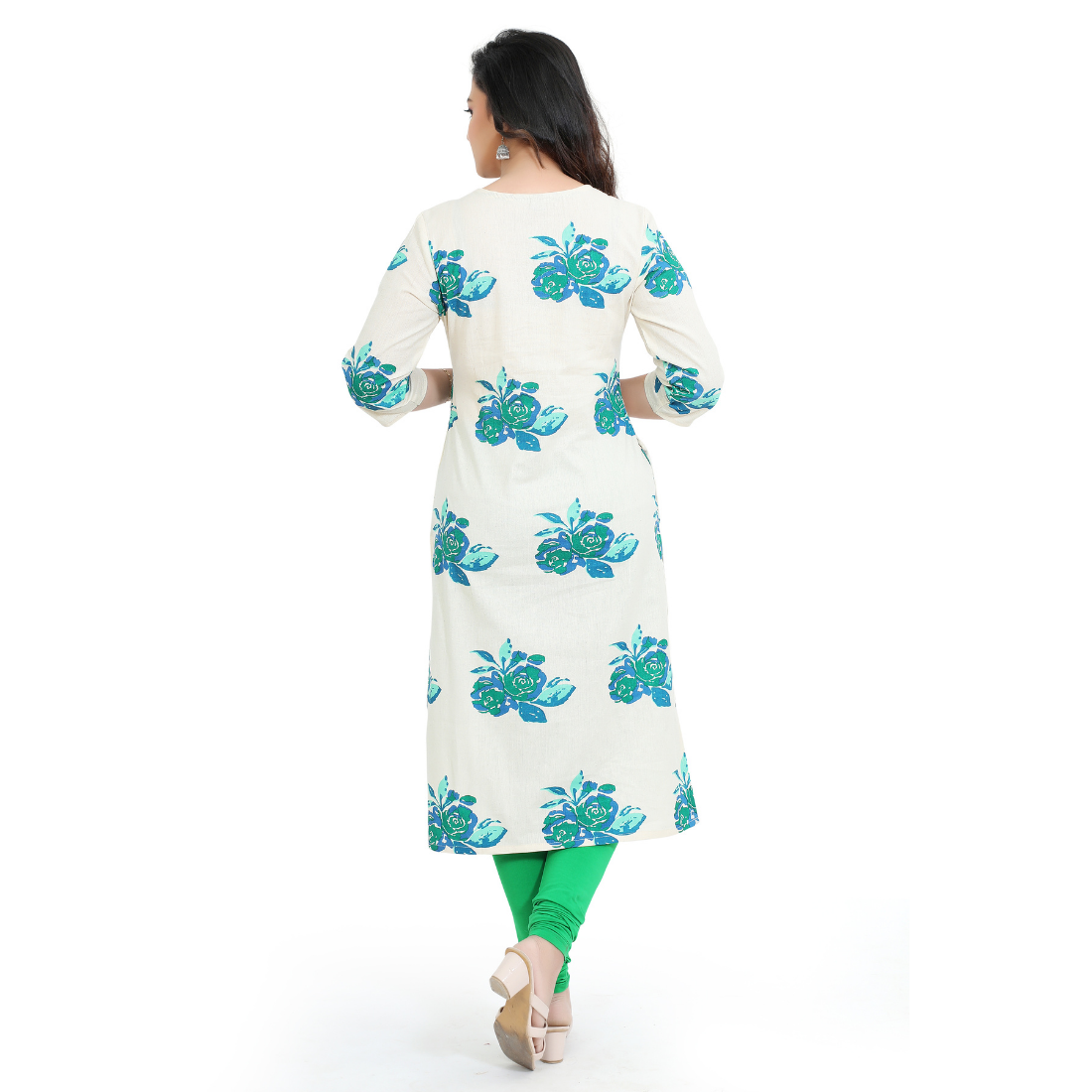 D2D Fashion Women's White & Teal Floral Maternity Feeding Kurti | Soft Rayon Nursing Kurta with Concealed Side Zippers | Pregnancy & Breastfeeding Wear