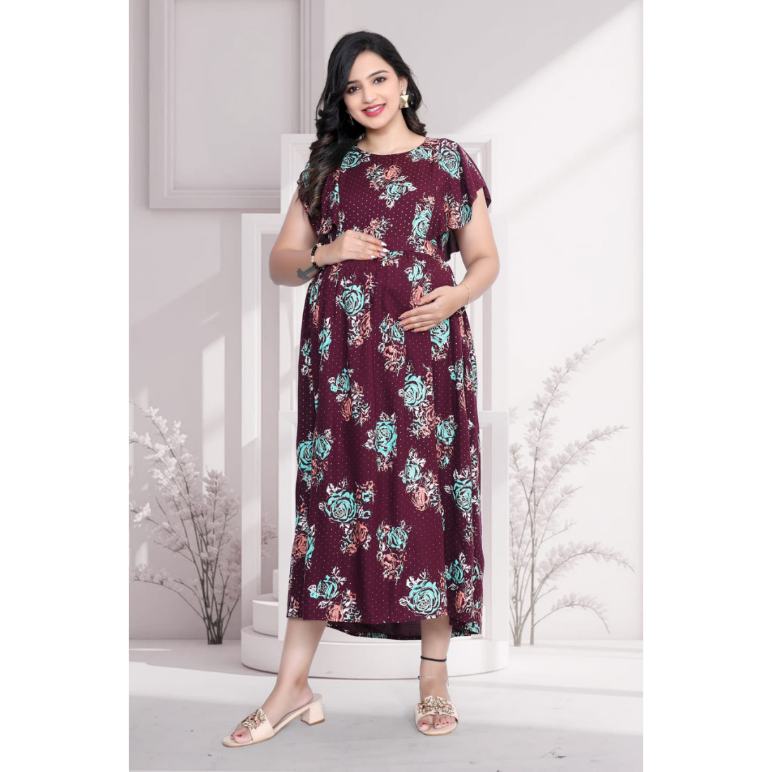 D2D Fashion Women's Maroon Floral Maternity Feeding Dress | Soft Rayon Nursing Gown with Concealed Side Zippers | Pregnancy & Breastfeeding Maxi Dress