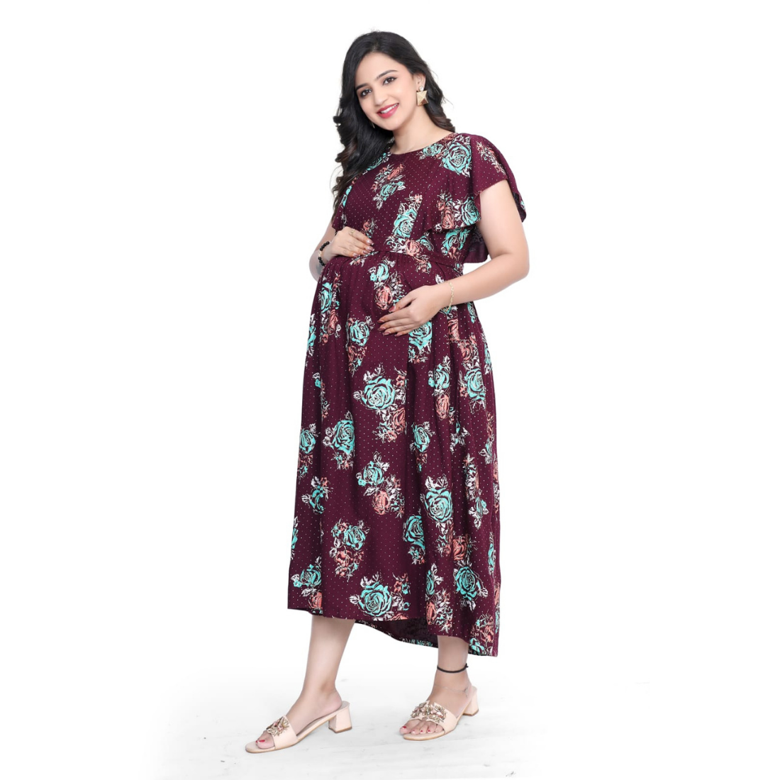 D2D Fashion Women's Maroon Floral Maternity Feeding Dress | Soft Rayon Nursing Gown with Concealed Side Zippers | Pregnancy & Breastfeeding Maxi Dress