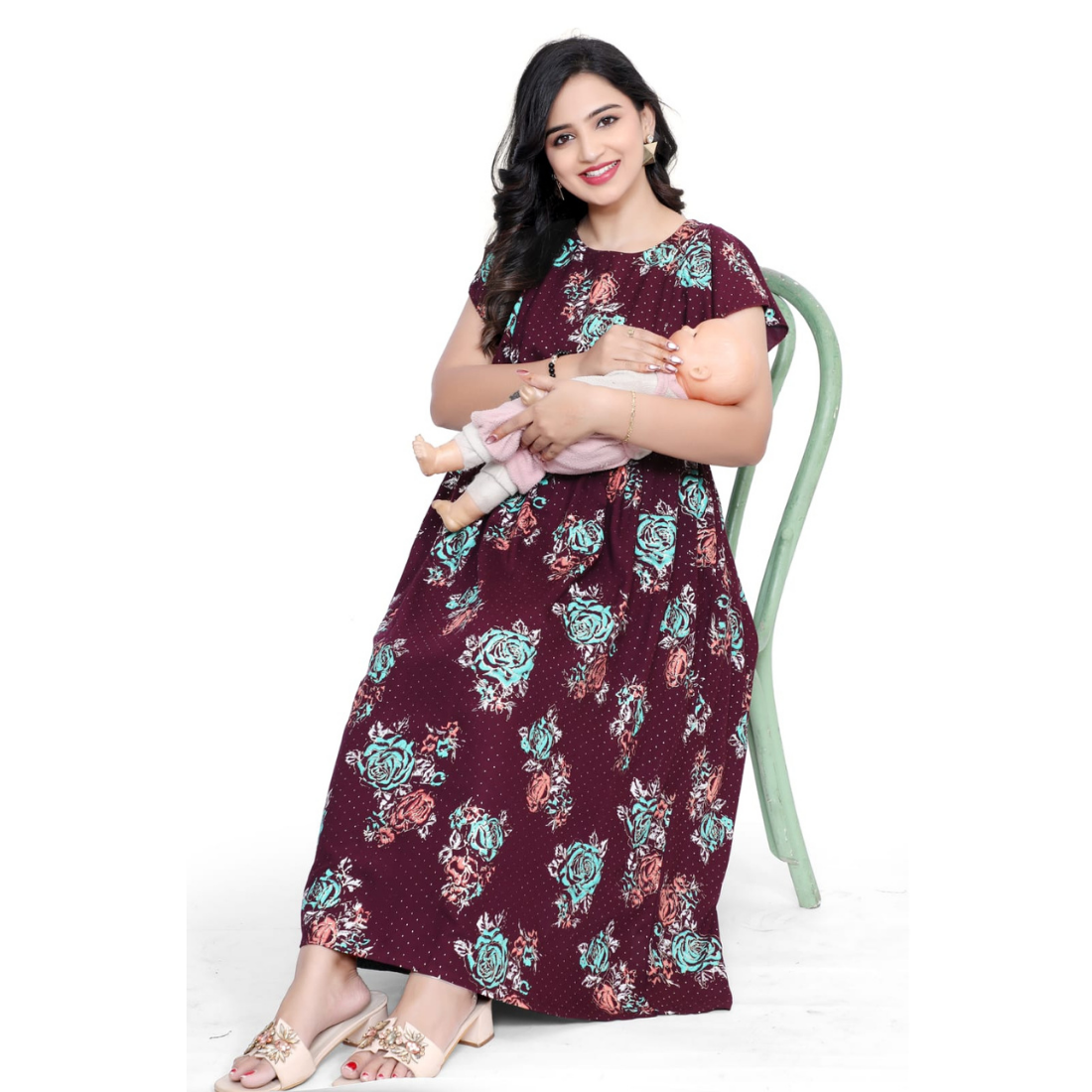 D2D Fashion Women's Maroon Floral Maternity Feeding Dress | Soft Rayon Nursing Gown with Concealed Side Zippers | Pregnancy & Breastfeeding Maxi Dress
