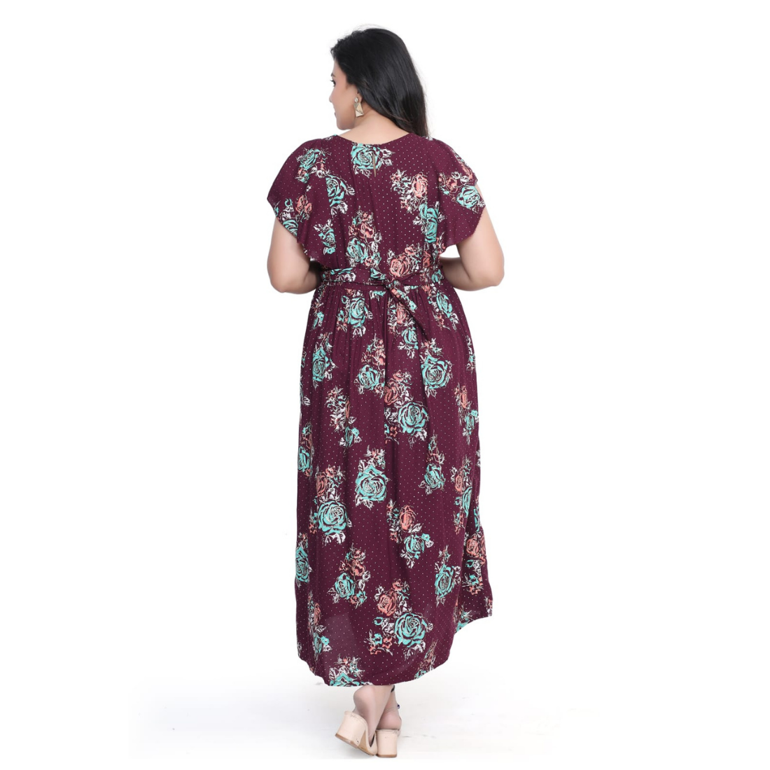 D2D Fashion Women's Maroon Floral Maternity Feeding Dress | Soft Rayon Nursing Gown with Concealed Side Zippers | Pregnancy & Breastfeeding Maxi Dress