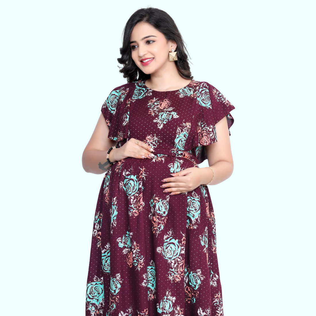 D2D Fashion Women's Maroon Floral Maternity Feeding Dress | Soft Rayon Nursing Gown with Concealed Side Zippers | Pregnancy & Breastfeeding Maxi Dress