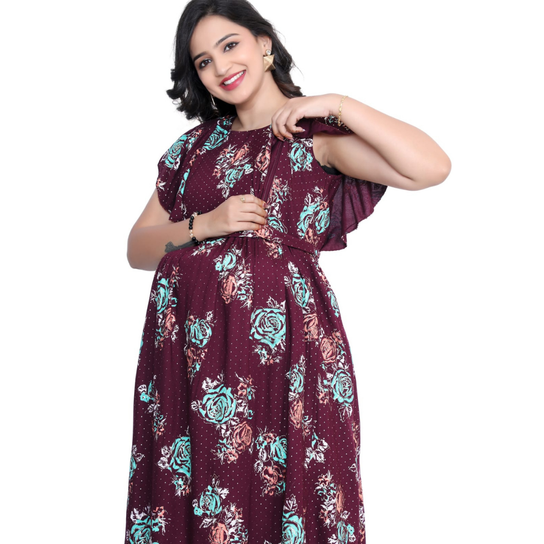 D2D Fashion Women's Maroon Floral Maternity Feeding Dress | Soft Rayon Nursing Gown with Concealed Side Zippers | Pregnancy & Breastfeeding Maxi Dress