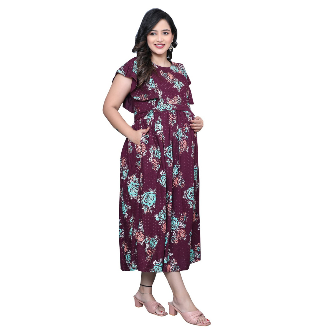 D2D Fashion Women's Maroon Floral Maternity Feeding Dress | Soft Rayon Nursing Gown with Concealed Side Zippers | Pregnancy & Breastfeeding Maxi Dress