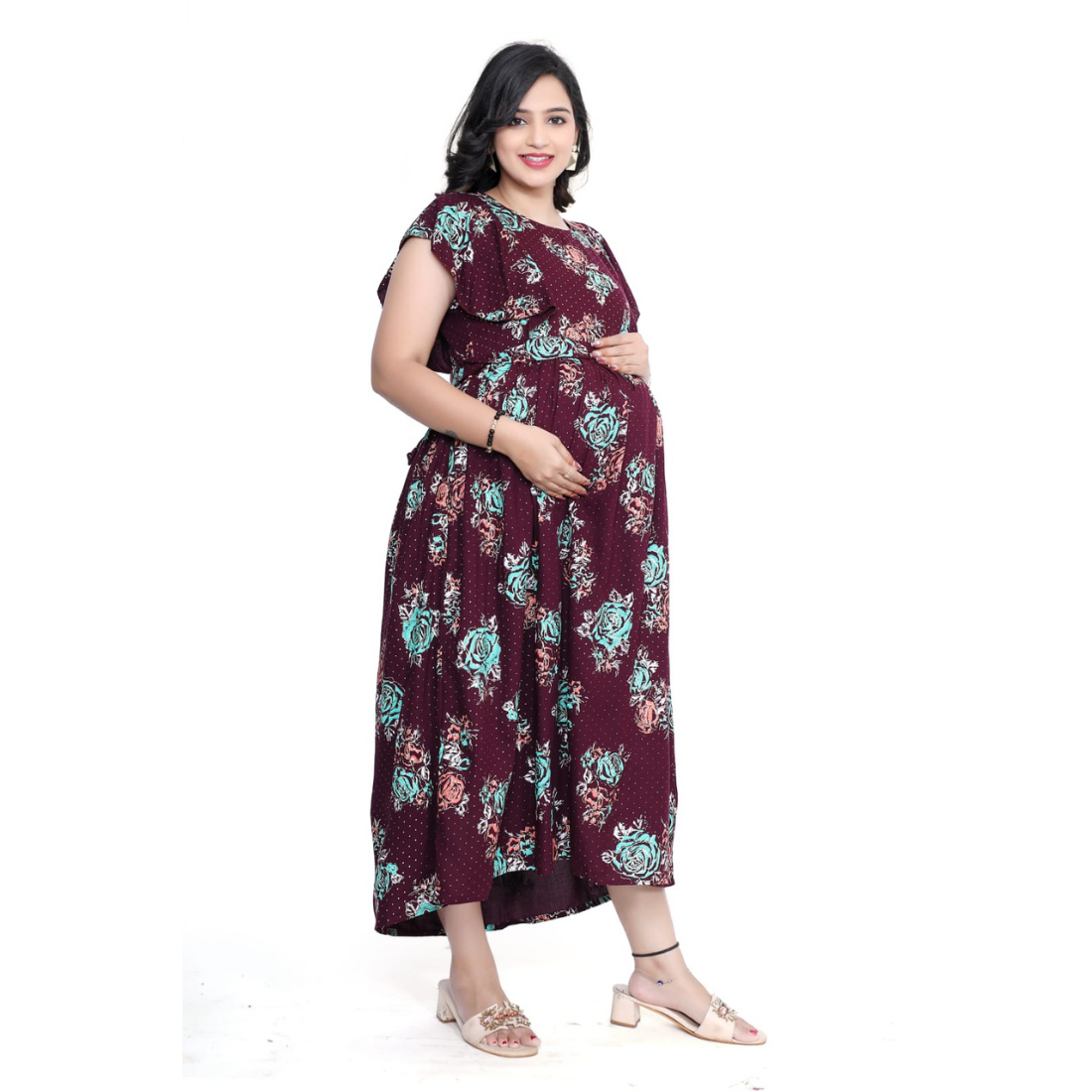 D2D Fashion Women's Maroon Floral Maternity Feeding Dress | Soft Rayon Nursing Gown with Concealed Side Zippers | Pregnancy & Breastfeeding Maxi Dress