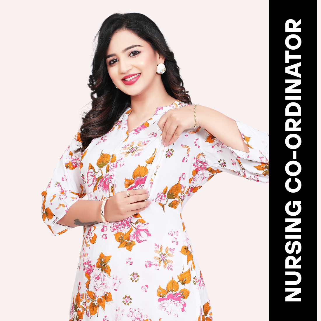 Women's White Pink Floral Printed Maternity Feeding Co-Ord Set | Concealed Zip Nursing Kurta & Straight Pant Set | Comfortable Pregnancy Wear