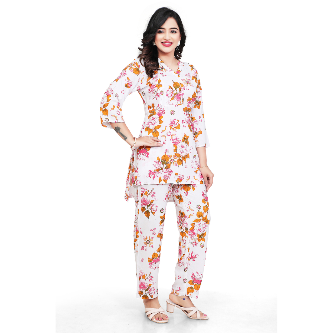 Women's White Pink Floral Printed Maternity Feeding Co-Ord Set | Concealed Zip Nursing Kurta & Straight Pant Set | Comfortable Pregnancy Wear