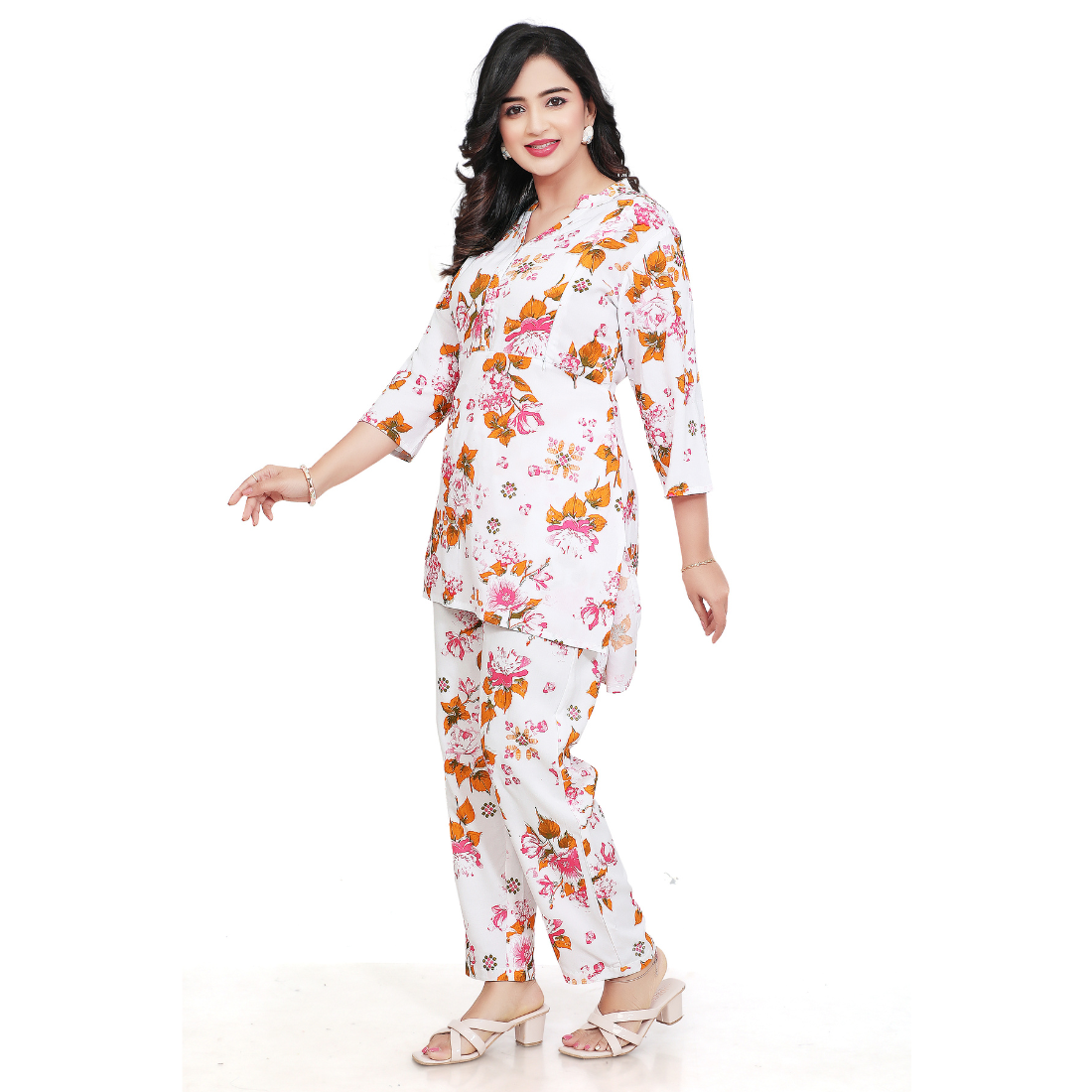 Women's White Pink Floral Printed Maternity Feeding Co-Ord Set | Concealed Zip Nursing Kurta & Straight Pant Set | Comfortable Pregnancy Wear