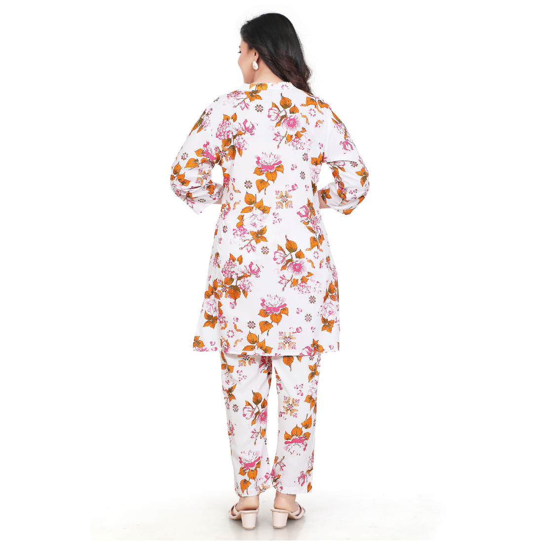 Women's White Pink Floral Printed Maternity Feeding Co-Ord Set | Concealed Zip Nursing Kurta & Straight Pant Set | Comfortable Pregnancy Wear