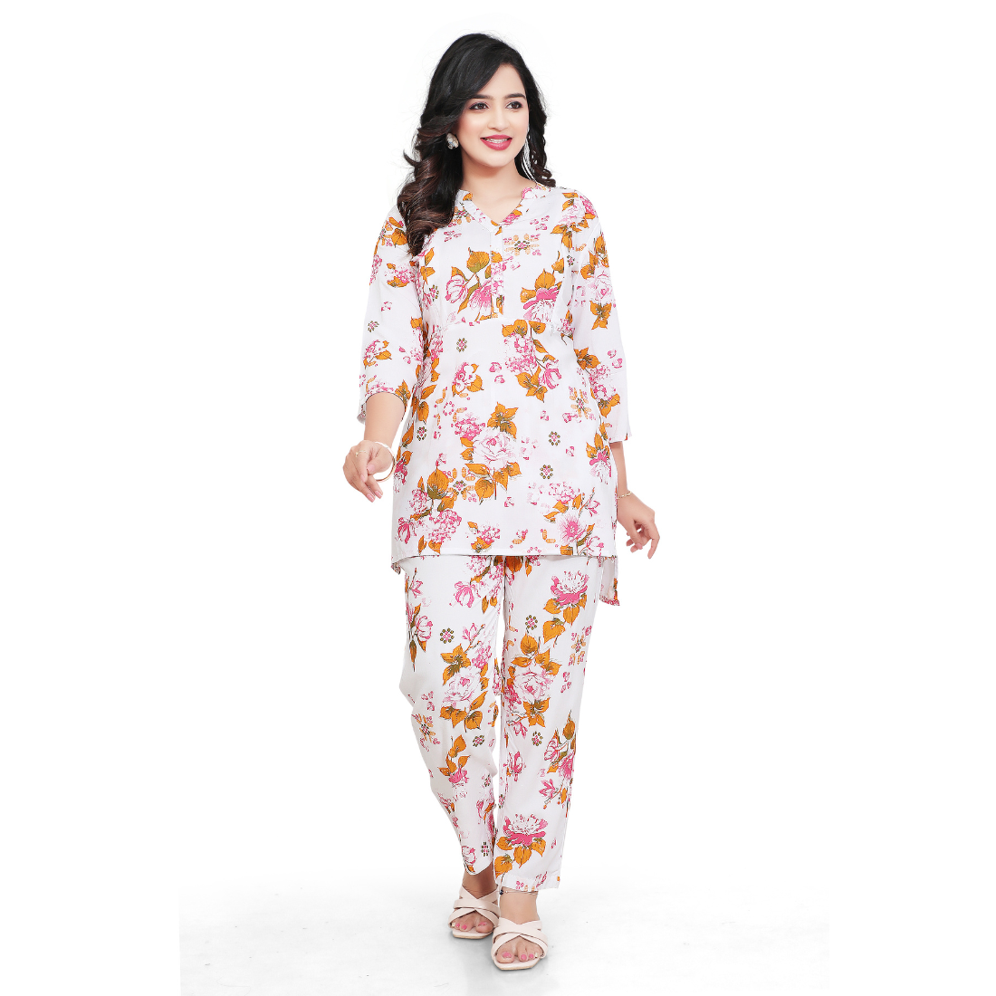 Women's White Pink Floral Printed Maternity Feeding Co-Ord Set | Concealed Zip Nursing Kurta & Straight Pant Set | Comfortable Pregnancy Wear