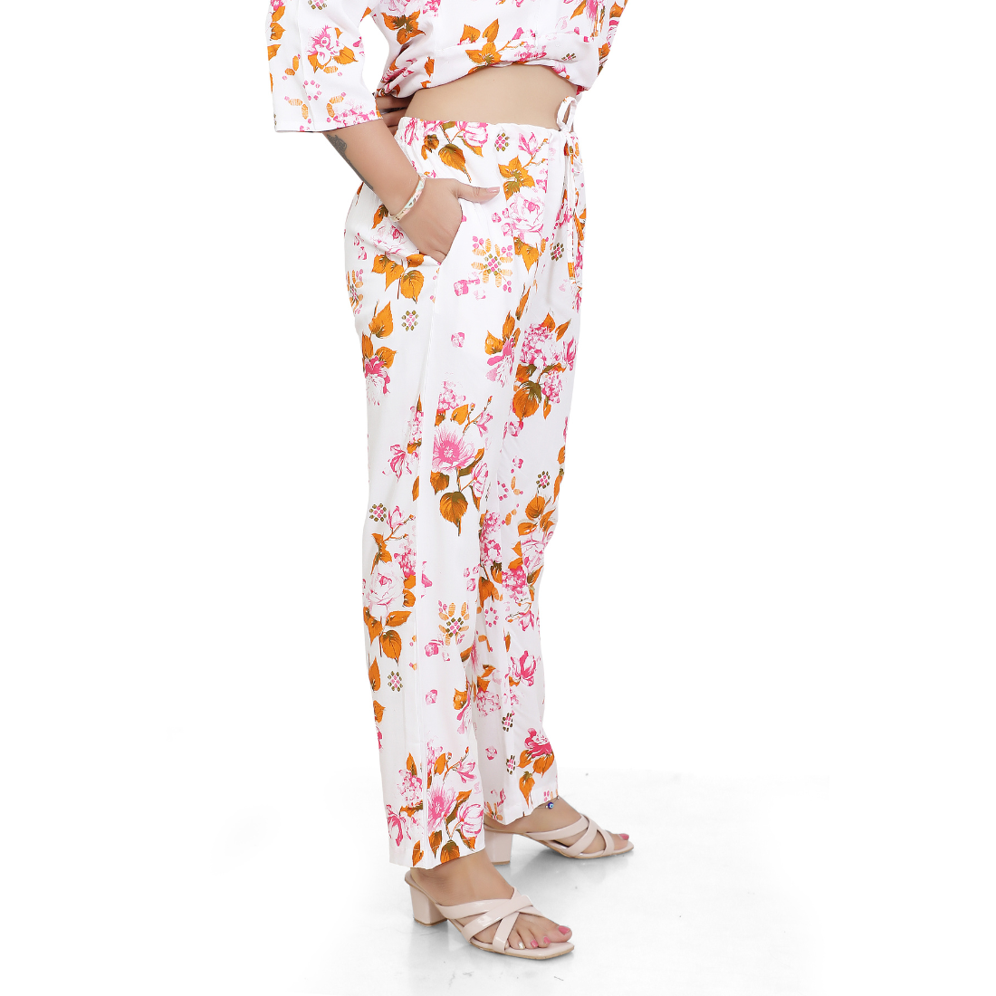 Women's White Pink Floral Printed Maternity Feeding Co-Ord Set | Concealed Zip Nursing Kurta & Straight Pant Set | Comfortable Pregnancy Wear