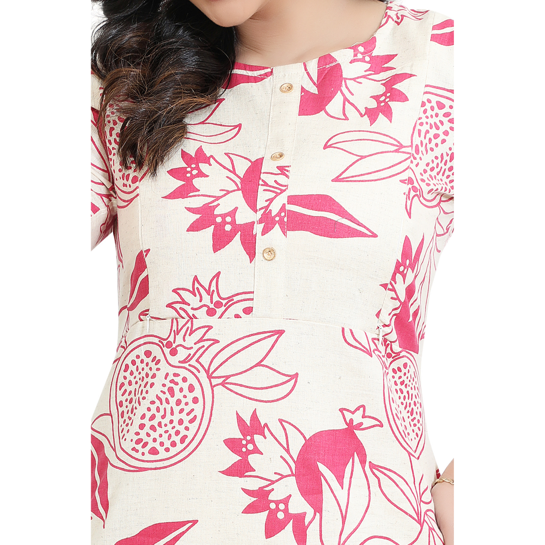 D2D Fashion Women's White & Pink Floral Maternity Feeding Kurti | Soft Rayon Nursing Kurta with Concealed Side Zippers | Pregnancy & Breastfeeding Wear